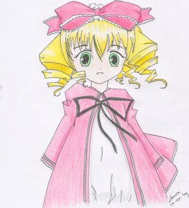 Rating: Safe Score: 0 Tags: 1girl blonde_hair bow dress drill_hair eyebrows_visible_through_hair green_eyes hina_ichigo hinaichigo image long_sleeves looking_at_viewer pink_bow ribbon simple_background solo traditional_media white_background User: admin