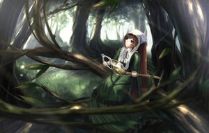 Rating: Safe Score: 0 Tags: 1girl bangs brown_hair dress forest green_dress green_eyes head_scarf holding image instrument long_sleeves looking_at_viewer nature outdoors playing_instrument solo suiseiseki tree User: admin