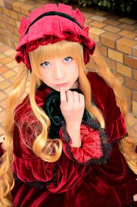 Rating: Safe Score: 0 Tags: 1girl bangs blonde_hair blue_eyes bonnet brick_wall dress finger_to_mouth flower lolita_fashion long_hair looking_at_viewer red_dress shinku solo wall User: admin
