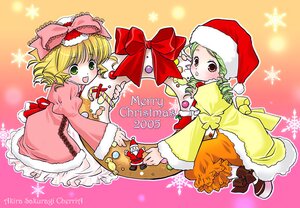Rating: Safe Score: 0 Tags: 2girls blonde_hair bow christmas dress drill_hair gift green_eyes green_hair hat hina_ichigo hinaichigo image kanaria long_sleeves looking_at_viewer multiple_girls open_mouth pair pink_bow santa_hat short_hair smile User: admin