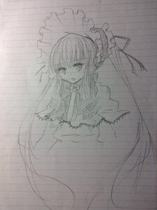 Rating: Safe Score: 0 Tags: 1girl dress frills image long_hair long_sleeves monochrome rain shinku sketch solo tears traditional_media User: admin