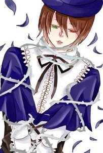 Rating: Safe Score: 0 Tags: 1girl auto_tagged blue_dress brown_hair dress frills green_eyes hat image long_sleeves looking_at_viewer petals red_eyes ribbon short_hair solo souseiseki User: admin