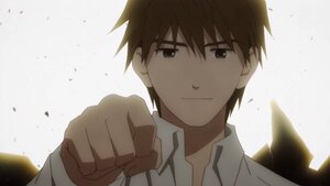 Rating: Safe Score: 0 Tags: 1boy bangs brown_hair clenched_hand closed_mouth collared_shirt human looking_at_viewer sakurada_jun screenshot shirt smile solo striped upper_body white_shirt User: admin