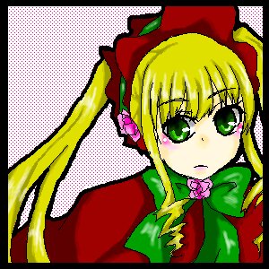 Rating: Safe Score: 0 Tags: 1girl black_border blonde_hair bow dress green_eyes halftone halftone_background image letterboxed long_hair long_sleeves looking_at_viewer polka_dot polka_dot_background shinku sidelocks solo style_parody User: admin