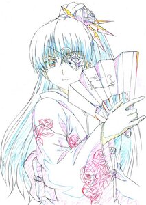 Rating: Safe Score: 0 Tags: 1girl bangs barasuishou eyepatch fan floral_print flower folding_fan hair_ornament image japanese_clothes kimono long_hair looking_at_viewer monochrome solo traditional_media User: admin