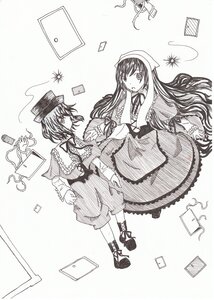 Rating: Safe Score: 0 Tags: 2girls book bow capelet card dress hat image long_hair monochrome multiple_girls pair shoes short_hair souseiseki striped suiseiseki usami_renko User: admin