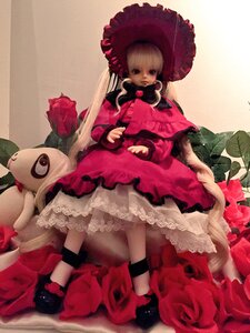 Rating: Safe Score: 0 Tags: 1girl blonde_hair blue_eyes bonnet doll dress flower frills lolita_fashion long_hair parasol pink_rose red_flower red_rose rose shinku sitting solo stuffed_animal twintails umbrella User: admin