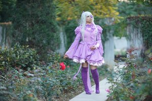 Rating: Safe Score: 0 Tags: 1girl barasuishou blurry blurry_background bow depth_of_field dress flower long_hair long_sleeves outdoors purple_dress purple_eyes purple_legwear solo standing thighhighs User: admin