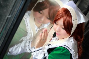 Rating: Safe Score: 0 Tags: 2girls bangs brown_hair closed_eyes closed_mouth dress eyelashes green_dress hat head_scarf jewelry long_hair long_sleeves multiple_girls nail_polish photo ring sisters smile solo suiseiseki User: admin