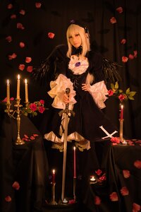 Rating: Safe Score: 0 Tags: 1girl black_dress blonde_hair blue_eyes candle cross dress flower long_hair rose solo suigintou sword weapon User: admin