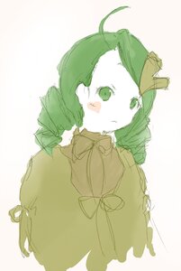 Rating: Safe Score: 0 Tags: 1girl ahoge blush dress green_eyes green_hair green_theme image kanaria ribbon simple_background solo striped upper_body User: admin