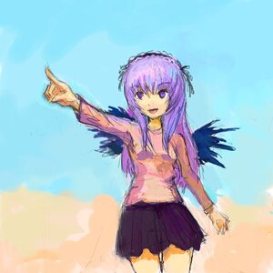 Rating: Safe Score: 0 Tags: 1girl :d cowboy_shot hairband image lolita_hairband long_hair long_sleeves looking_at_viewer open_mouth pleated_skirt pointing purple_eyes purple_hair sketch skirt smile solo suigintou wings User: admin