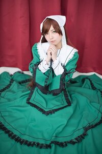 Rating: Safe Score: 0 Tags: 1girl brown_hair dress frills green_dress green_eyes lips long_hair long_sleeves looking_at_viewer solo suiseiseki User: admin