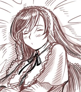 Rating: Safe Score: 0 Tags: 1girl blush breasts closed_eyes dress frills image long_hair long_sleeves lying monochrome ribbon sleeping solo suiseiseki upper_body User: admin