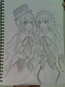 Rating: Safe Score: 0 Tags: 2girls capelet chain hat image long_hair long_sleeves looking_at_viewer monochrome multiple_girls pair short_hair souseiseki suiseiseki traditional_media User: admin