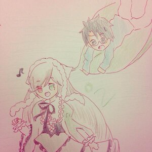 Rating: Safe Score: 0 Tags: 1boy 1girl :d braid dress eighth_note eyebrows_visible_through_hair frills glasses green_eyes heterochromia image long_hair long_sleeves maid_headdress musical_note open_mouth smile solo suiseiseki traditional_media User: admin
