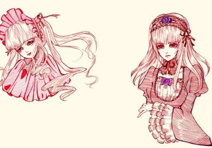 Rating: Safe Score: 0 Tags: 1girl dress flower frills hairband image lolita_hairband long_hair long_sleeves looking_at_viewer monochrome multiple_views pair red_eyes rose shinku simple_background striped suigintou User: admin