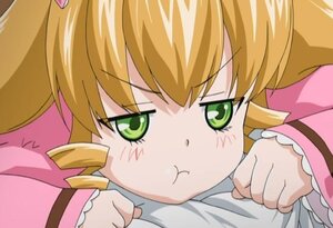 Rating: Safe Score: 0 Tags: 1girl :t blonde_hair closed_mouth eyebrows_visible_through_hair green_eyes hinaichigo image long_hair long_sleeves looking_at_viewer lying on_stomach pink_shirt pout solo User: admin