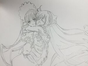 Rating: Safe Score: 0 Tags: 2girls bow closed_eyes dress frills greyscale hat hug image long_hair long_sleeves monochrome multiple_girls open_mouth pair shinku sketch suiseiseki traditional_media very_long_hair yuri User: admin