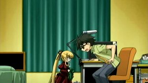 Rating: Safe Score: 0 Tags: 1boy 1girl auto_tagged black_hair blonde_hair chair desk dress glasses hair_ribbon image long_hair pants ponytail ribbon shinku sitting solo twintails User: admin