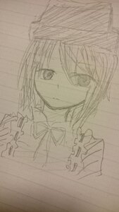 Rating: Safe Score: 0 Tags: 1girl closed_mouth eyebrows_visible_through_hair image looking_at_viewer monochrome ribbon short_hair smile solo souseiseki traditional_media upper_body User: admin