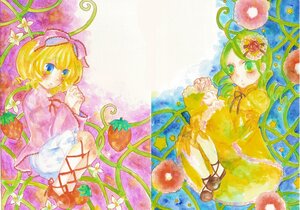 Rating: Safe Score: 0 Tags: 2girls auto_tagged blonde_hair colored_pencil_(medium) flower green_eyes green_hair hair_ornament hair_ribbon hinaichigo image kanaria lily_of_the_valley medicine_melancholy multiple_girls pair puffy_sleeves ribbon short_hair skirt traditional_media watercolor_(medium) User: admin
