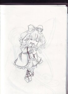 Rating: Safe Score: 0 Tags: 1girl blush bow closed_eyes cross-laced_footwear dress frills front_ponytail hair_bow hair_ribbon hinaichigo image kagiyama_hina monochrome ribbon short_hair solo standing traditional_media User: admin
