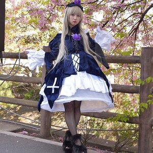 Rating: Safe Score: 0 Tags: 1girl bangs black_legwear blonde_hair blue_dress cat dress flower hairband lips long_hair looking_at_viewer pantyhose solo standing suigintou tree User: admin