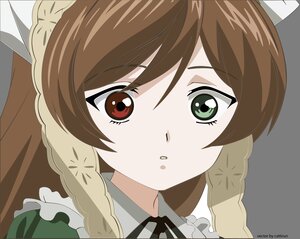 Rating: Safe Score: 0 Tags: 1girl bangs black_ribbon braid brown_hair frills green_eyes image maid red_eyes ribbon solo suiseiseki twin_braids User: admin