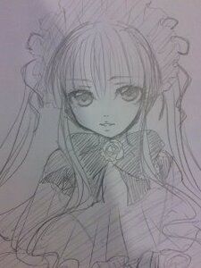 Rating: Safe Score: 0 Tags: 1girl dress flower greyscale image long_hair long_sleeves looking_at_viewer monochrome rose shinku simple_background sketch solo traditional_media twintails upper_body User: admin