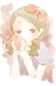 Rating: Safe Score: 0 Tags: 1girl blush bow eating food green_hair hair_bow holding holding_food image kanaria long_sleeves pink_bow puffy_sleeves short_sleeves solo striped upper_body vertical_stripes User: admin