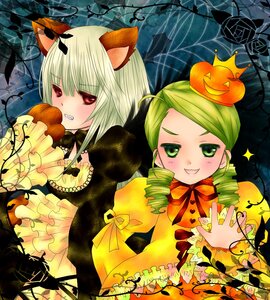 Rating: Safe Score: 0 Tags: 1boy 2girls animal_ears bare_tree bat blonde_hair blush dress drill_hair green_eyes green_hair halloween hat image jack-o'-lantern kanaria moon multiple_girls pair pumpkin pumpkin_hair_ornament red_eyes ribbon smile suigintou twin_drills User: admin