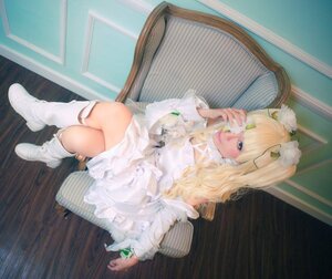 Rating: Safe Score: 0 Tags: 1girl blonde_hair boots chair crossed_legs dress kirakishou long_hair sitting solo white_footwear User: admin