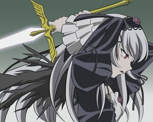 Rating: Safe Score: 0 Tags: 1girl black_ribbon dress flower frills holding holding_weapon image long_hair long_sleeves profile red_eyes ribbon rose silver_hair solo suigintou weapon wings User: admin