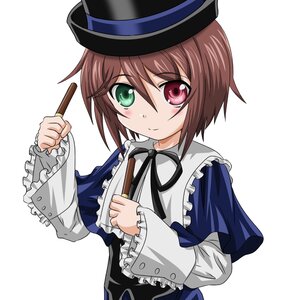 Rating: Safe Score: 3 Tags: 1girl black_ribbon blue_dress blush brown_hair commentary_request frills green_eyes hat heterochromia holding image long_sleeves looking_at_viewer red_eyes ribbon rozen_maiden short_hair simple_background smile solo souseiseki striped striped_background takumi_(rozen_garten) top_hat upper_body white_background User: admin