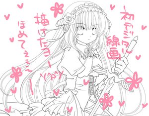 Rating: Safe Score: 0 Tags: 1girl blush dress flower frills hairband heart image long_hair long_sleeves monochrome ribbon simple_background solo suigintou very_long_hair User: admin