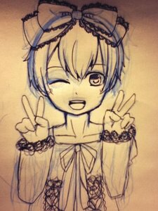 Rating: Safe Score: 0 Tags: 1girl ;d bow double_v frills hair_bow hair_ribbon hinaichigo image long_sleeves looking_at_viewer monochrome one_eye_closed open_mouth ribbon smile solo traditional_media upper_body v w User: admin