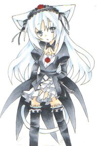 Rating: Safe Score: 0 Tags: 1girl animal_ears black_legwear cat_ears dress frills garters gothic_lolita image lolita_fashion long_hair long_sleeves ribbon solo suigintou thighhighs traditional_media white_background white_hair User: admin