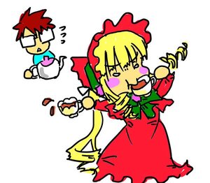 Rating: Safe Score: 0 Tags: 1boy blonde_hair bow dress food glasses image long_sleeves red_dress sakurada_jun shinku simple_background solo white_background User: admin