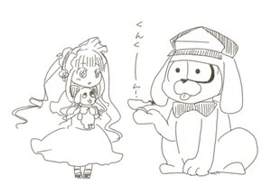 Rating: Safe Score: 0 Tags: 1boy 1girl dress hat image long_hair monochrome shinku solo striped stuffed_animal teddy_bear vertical_stripes white_background User: admin