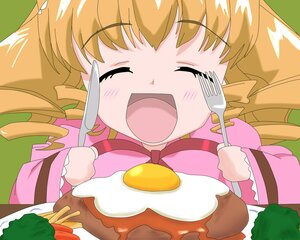Rating: Safe Score: 0 Tags: 1girl :d blush closed_eyes drill_hair eating fang food fork hinaichigo image long_hair open_mouth plate smile solo spoon twin_drills User: admin