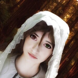 Rating: Safe Score: 0 Tags: 1girl bangs blurry brown_hair closed_mouth green_eyes heterochromia lips looking_at_viewer outdoors portrait solo suiseiseki towel veil User: admin