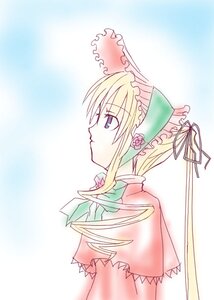 Rating: Safe Score: 0 Tags: 1girl blonde_hair blue_eyes bonnet bow dress gradient gradient_background image long_hair profile shinku solo User: admin