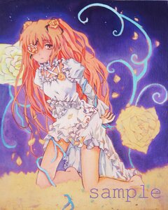 Rating: Safe Score: 0 Tags: 1girl barefoot dress eyepatch flower frills hair_flower image kirakishou kneeling long_hair rose solo traditional_media two_side_up yellow_eyes User: admin