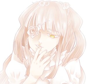 Rating: Safe Score: 0 Tags: 1girl bangs flower image kirakishou long_hair monochrome rose solo striped striped_shirt vertical-striped_dress vertical_stripes white_background white_flower white_rose yellow_eyes User: admin