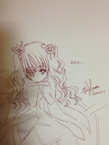 Rating: Safe Score: 0 Tags: 1girl blush crown dress flower hair_ornament image kirakishou long_hair long_sleeves looking_at_viewer monochrome signature solo traditional_media wavy_hair User: admin