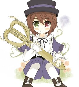 Rating: Safe Score: 0 Tags: 1girl brown_hair dress flower green_eyes hat heterochromia image long_sleeves pantyhose red_eyes rose short_hair sitting solo souseiseki striped striped_legwear top_hat User: admin