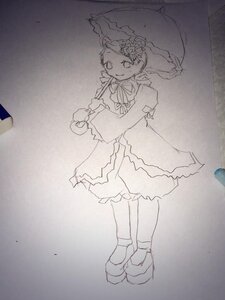 Rating: Safe Score: 0 Tags: 1girl dress full_body holding holding_umbrella image kanaria long_sleeves looking_at_viewer monochrome photo puffy_sleeves short_hair smile solo standing traditional_media umbrella User: admin