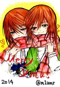 Rating: Safe Score: 0 Tags: 2girls blush brown_hair green_eyes heart heterochromia image long_sleeves multiple_girls pair red_eyes scarf shared_scarf siblings sisters smile souseiseki suiseiseki twins User: admin