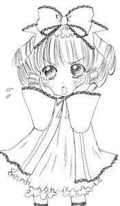 Rating: Safe Score: 0 Tags: 1girl blush bow dress drill_hair flying_sweatdrops greyscale hinaichigo image long_sleeves monochrome ribbon simple_background solo standing tears white_background User: admin